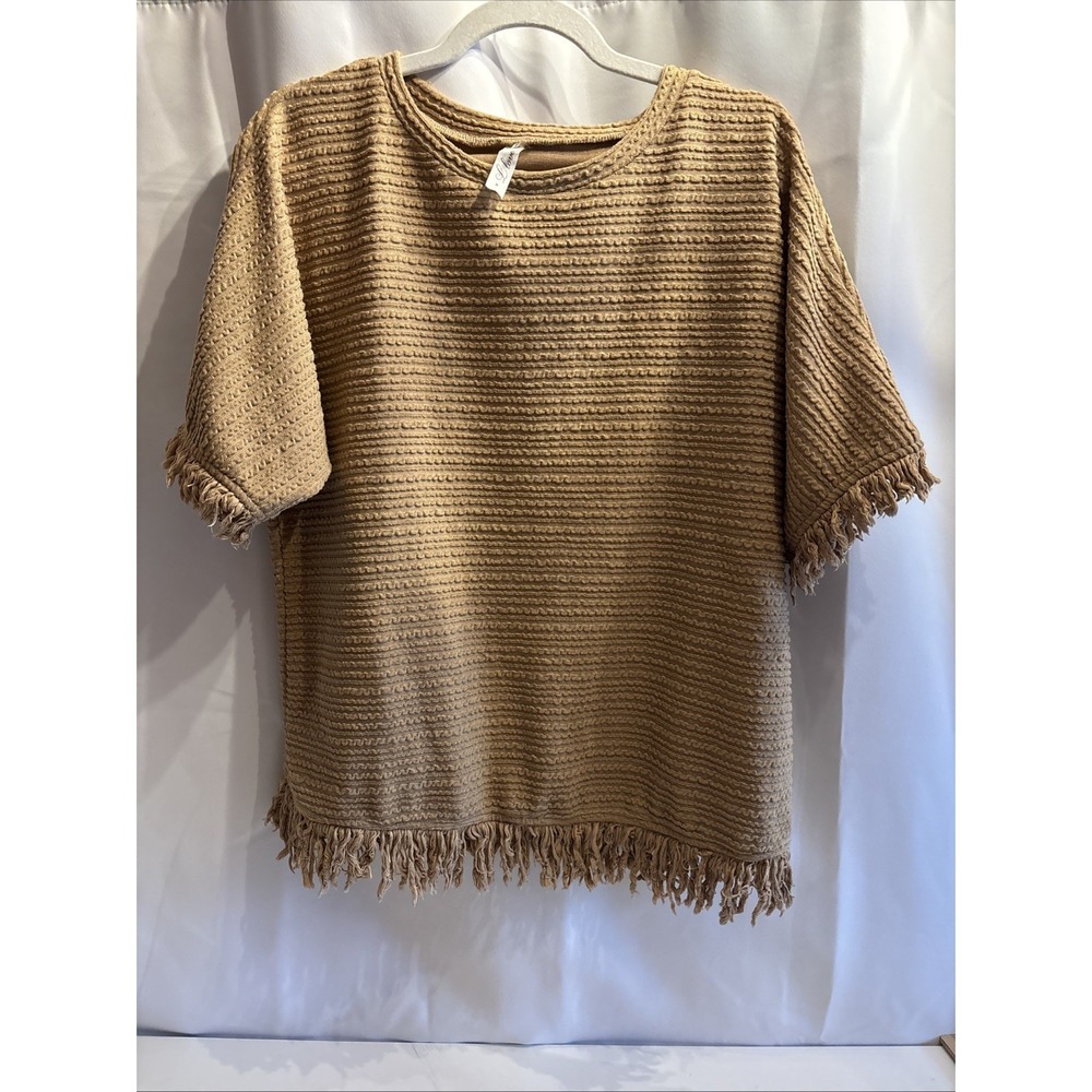 L Love Women's Top Size M Tan Textured Fringes Boho Revival